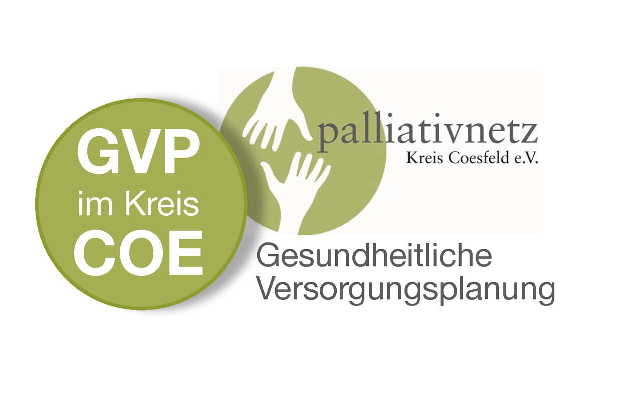 Logo des Palliativnetzes Kreis Coesfeld, zeigt helfende Hände und den Text „GVP im Kreis COE“ auf grünem Hintergrund