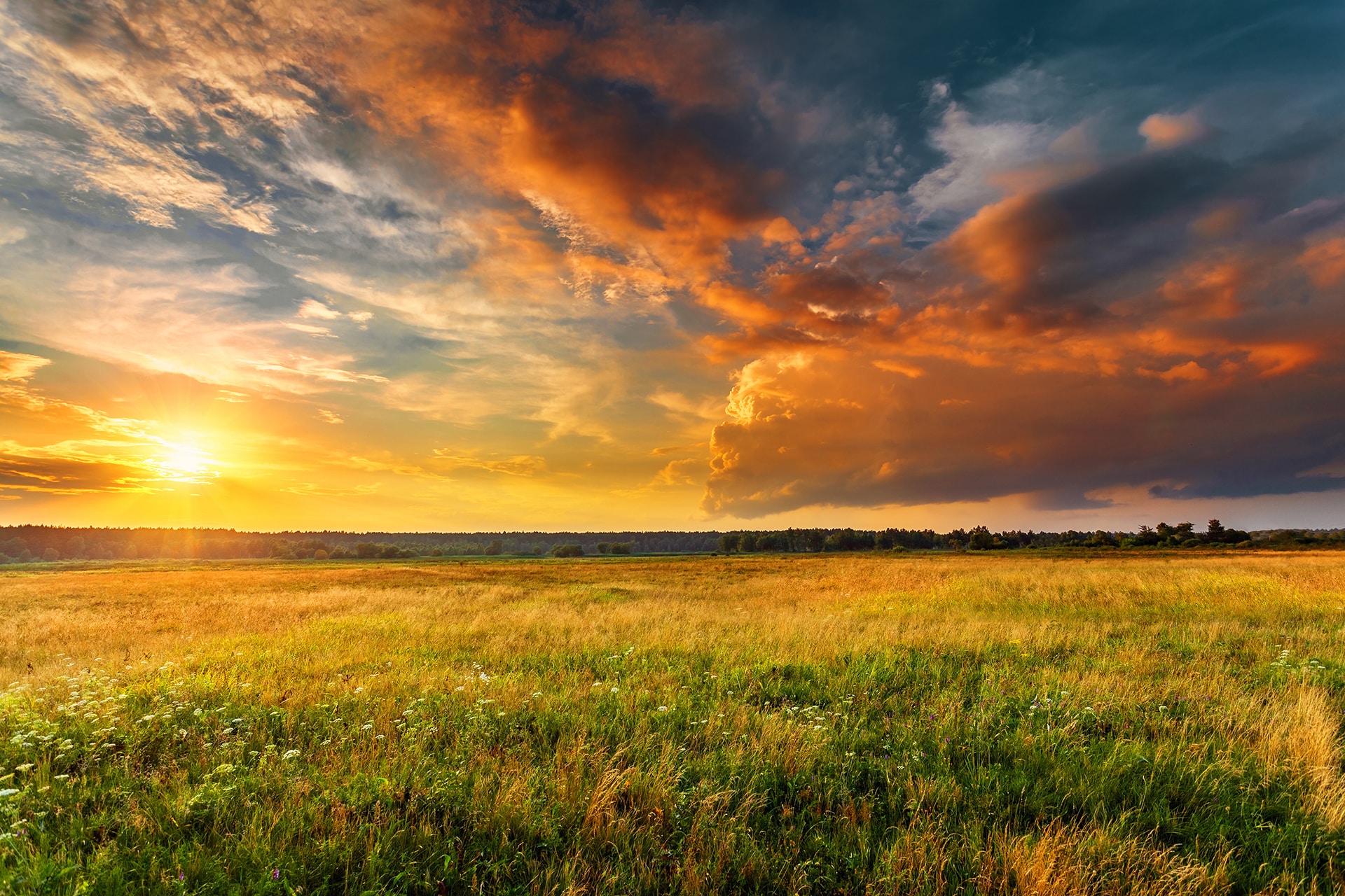 Weites Feld unter dramatischem Wolkenhimmel bei Sonnenuntergang als Sinnbild für Hoffnung